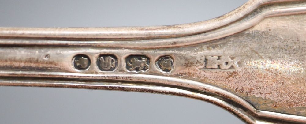 A pair of William IV silver fiddle, thread and shell pattern sauce ladles, Lias & Lias, London 1830 and a later Victorian pair,